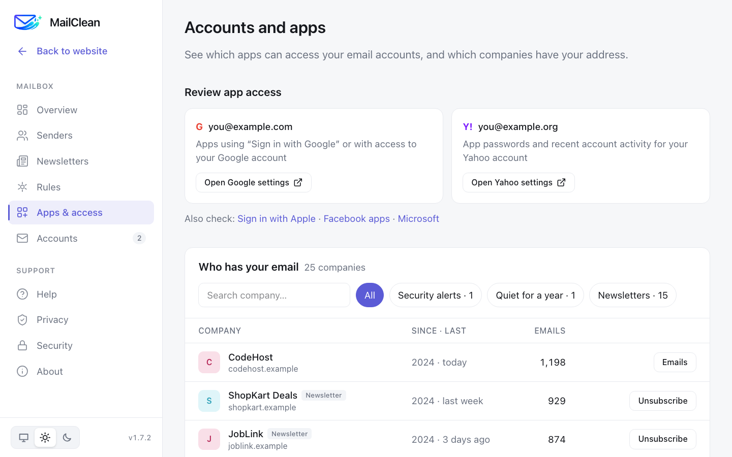 Accounts and apps page listing companies that have your email address