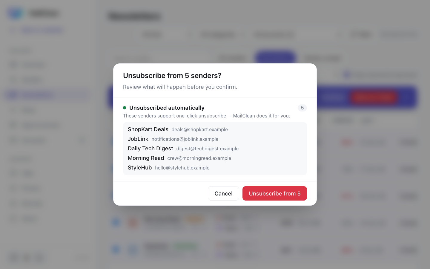 Bulk unsubscribe dialog listing what will happen for each sender